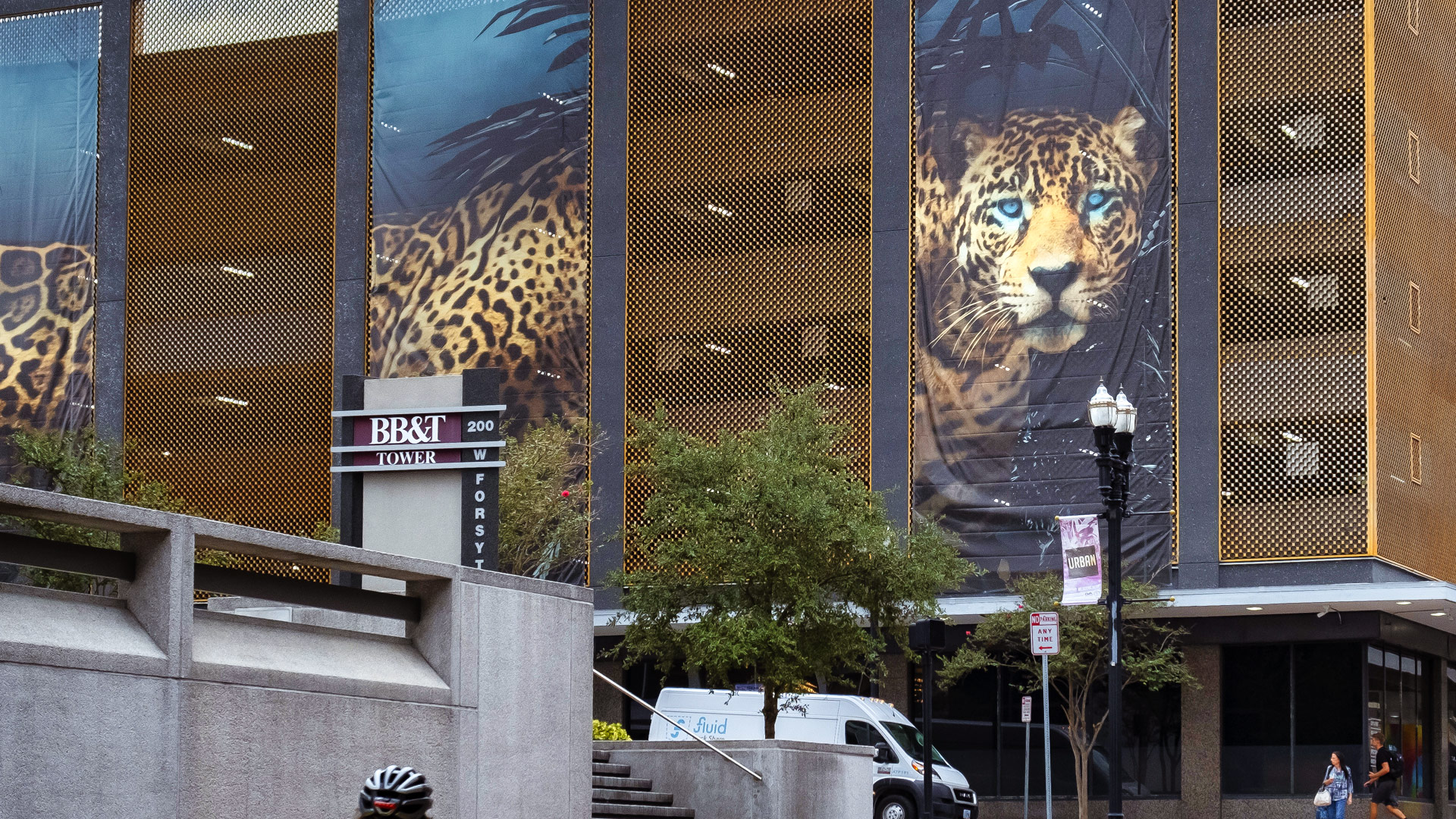 A building with a jaguar image on the side