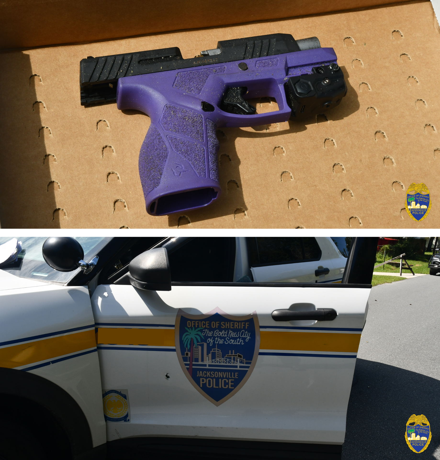 Top Photo: Suspect's firearm recovered from the scene of the officer-involved shooting. Bottom Photo: The bullet strike to the patrol car.
