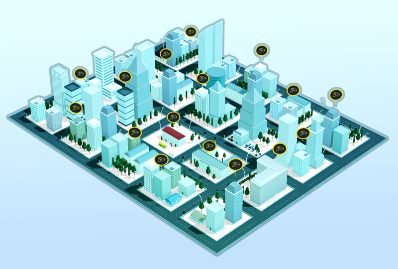 A 3d map of a city with cameras stationed around it