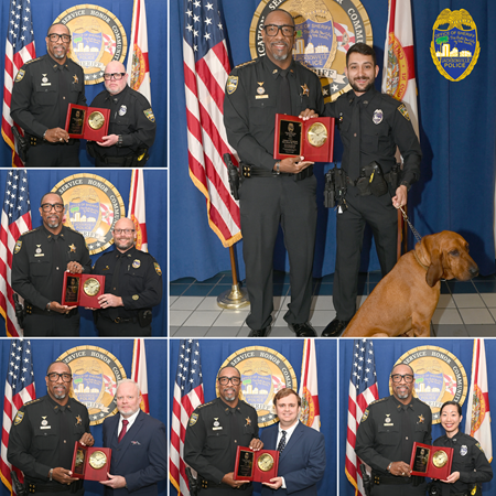 Top Left: Officer Johnson; Top Right: Officer Yannuzzi & PSD Patriot; Middle Row Left: Lt. Pike; Bottom Row - 1: Sgt. Daniels; Bottom Row - 2: H. Ridenour; Bottom Row - 3: Aux. Officer Moeller